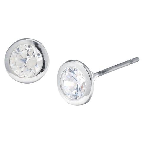Button Stud Earrings Sterling Cubic Zirconia Disc - Silver/clear