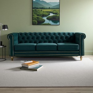 84.65" Chesterfield Velvet Sofa with Gold Trim & HD Foam - 1 of 4