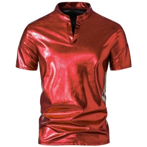 INSPIRE CHIC Men's Short Sleeves Stand Collared Shiny Disco Party Metallic T-Shirt - 1 of 4