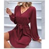 Coolmee Puff Long Sleeve Midi Dress for Women V Neck Button A Line Elegant Modest Flowy Short Dresses with Belt - 2 of 4