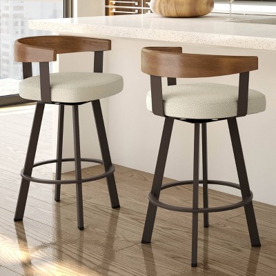 Lars 30'' Swivel Bar Stool in Cream Bouclé and Brown Wood