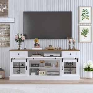 Farmhouse TV Stand for 75" TV, 66" Media Console with 2 Drawers, Power Outlets, Barn Doors & Adjustable Shelves - 1 of 4