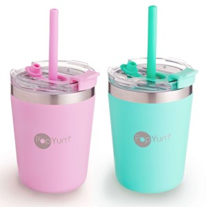PopYum 9oz Insulated Stainless Steel Kids’ Cups with Lid and Straw, 2-Pack, Green & Pink, stackable, sippy, baby, child, toddler, tumbler - 1 of 4