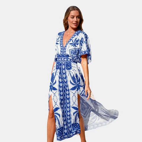 Женские платья Cupshe Women's Sahara Soul Ornate Leaf Print Maxi Dress-XL-Blue