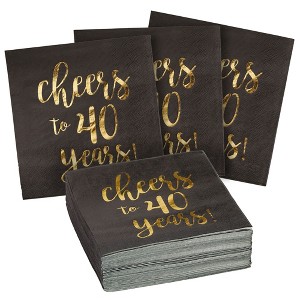 Blue Panda 50 Pack Cheers to 40 Years Cocktail Napkins for 40th Birthday, Anniversary Party Supplies, 3-Ply, Black and Gold Foil, 5 x 5 In - 1 of 4