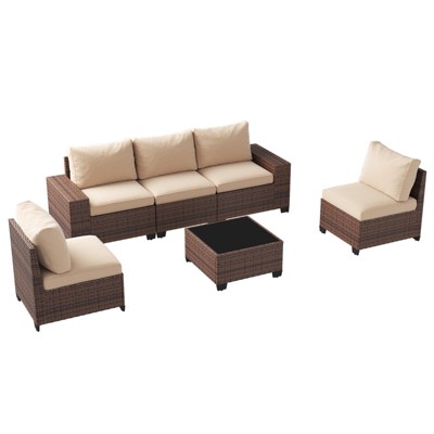 Aoxun 6-Piece Outdoor Wicker Patio Furniture Set with Thick Cushions, Coffee Table & Waterproof Cover  Modular Rattan Sofa for Deck,Garden or Backyard