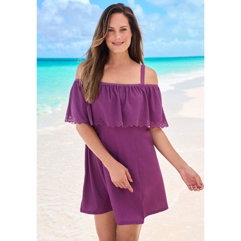 Swim 365 Women's Plus Size Laser-cut Off-the-shoulder Swim Dress - 16,  Purple : Target