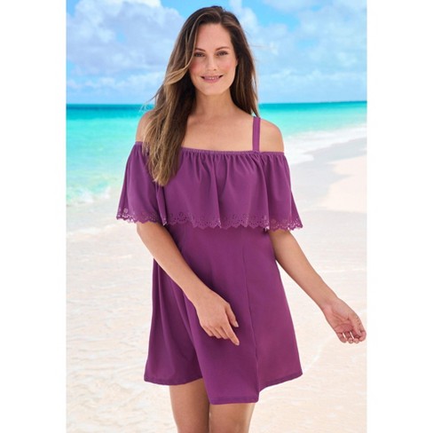 Swim 365 Women's Plus Size Laser-cut Off-the-shoulder Swim Dress