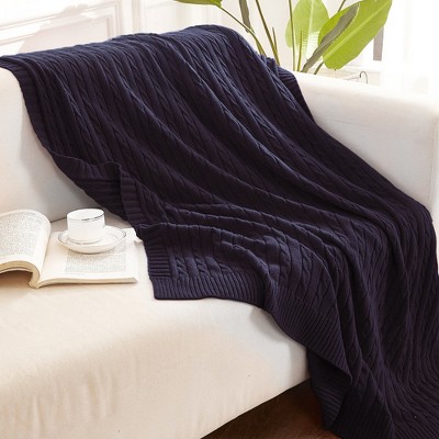 Cotton Cable Knit Twin Blanket, Super Soft Warm Knitted Blanket, 60x80 Inches, Eggplant Purple - NTBAY