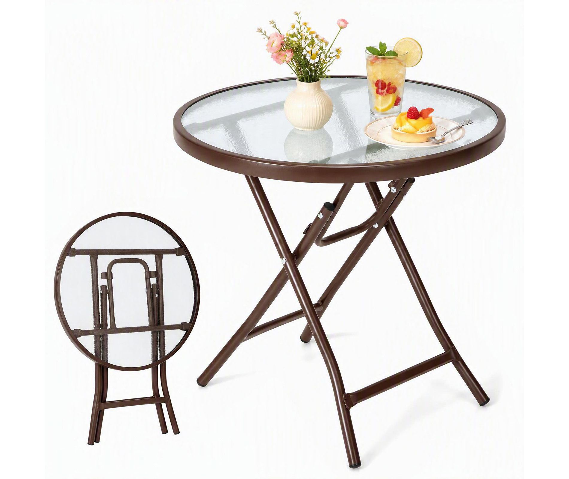 Gymax Folding Dining Table Round Patio Table with Tempered Glass Tabletop Rustproof Steel Frame Brown