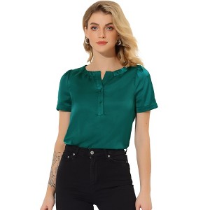 Allegra K Women's Satin Pleated Round Neck Button Front Puff Sleeve Office Blouse - 1 of 4