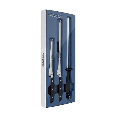Arcos Manhattan 3pc Ham Knife Set Black: Stainless Steel Carving & Boning Knives with Sharpener, Forged Construction