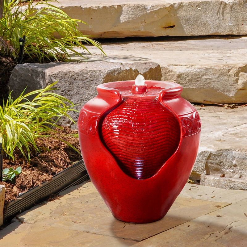 16.93&#34; Glazed Pot Outdoor Floor Fountain with LED Lights - Red - Teamson Home, 5 of 11