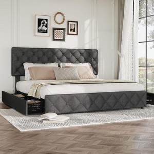 coucheta Bed Frame with Headboard and 4 Storage Drawers, Upholstered  with Stitched Button Tufted - 1 of 4