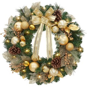 TackView Christmas Wreath for Front Door with Gold Bowknot, Artificial Pre-Decorated Holiday Accent with Ball Ornaments, Ribbons, Pine Cones - 1 of 4