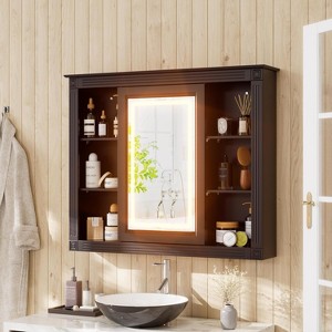 PAKASEPT Bathroom Wood Medicine Cabinet with LED Mirror, Wall Mounted Home Storage with Mirrored Door, Over The Toilet Storage Organizer, Brown - 1 of 4
