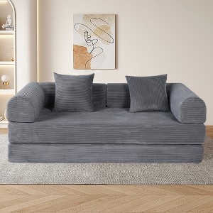 75'' Memory Foam Faux Fur 2-in-1 Foldable Boneless Sofa Bed with 2 Pillows - 1 of 4