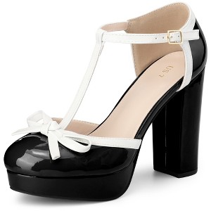 BLISSFUL STEP Women's Patent Leather T-Strap Round Toe Chunky Heel Pumps - 1 of 3