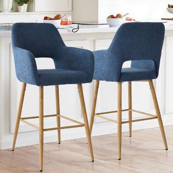 Atlanta Counter Height Bar Stools Set of 2 with Back and Armrest, Linen Fabric Upholstered Accent Barstools-The Pop Maison