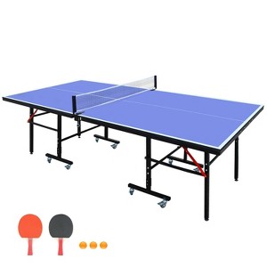 Belatt 8ft Competition-Grade Foldable Ping Pong Table Set - Indoor MDF Table Tennis with Net, 2 Paddles, 3 Balls, Wheels & Lock Blue - 1 of 4
