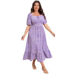 Clearlove Womens Plus Size Square Neck Floral Print Summer Dress Ruffle Short Sleeve Tie Front Slit Hem Boho Maxi Dress - 1 of 4
