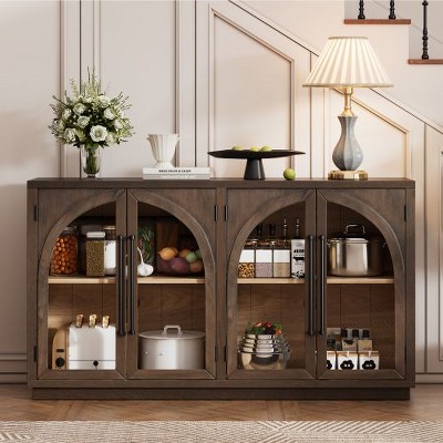 PAGED Retro Arched Glass Door Buffet Cabinet, 4-Door Sideboard Cabinet with Adjustable Shelves, Storage Cabinet for Kitchen, Dining Room, Living Room