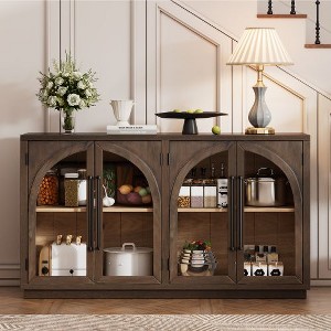 PAGED Retro Arched Glass Door Buffet Cabinet, 4-Door Sideboard Cabinet with Adjustable Shelves, Storage Cabinet for Kitchen, Dining Room, Living Room - 1 of 4