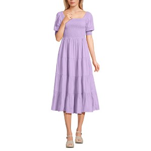 Lands' End Women's Smocked Cotton Dobby Midi Puff Sleeve Dress - 1 of 4