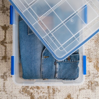 Clear and Blue 26.5 Quart Stackable Plastic Storage Boxes with Lids, 3 Pack