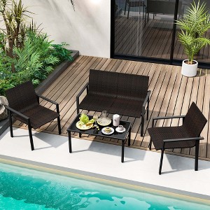 Costway 4 PCS Outdoor Wicker Patio Furniture Set with Heavy-Duty Galvanized Metal Frame Mix Brown/Black - 1 of 4