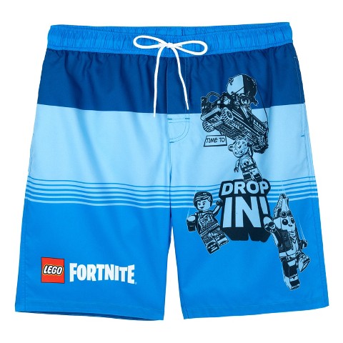 LEGO Fortnite Men's Printed Drawstring Elastic Waist Bathing Suit Peely Blue Small