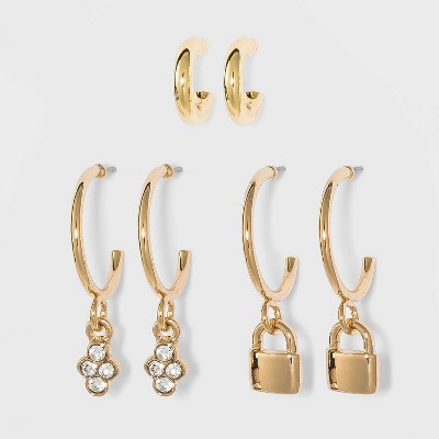 Lock Charm Hoop Stud Earring Set 3pc - A New Day™ Gold