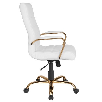 High Back White Leather Executive Swivel Office Chair with Gold Metal Frame
