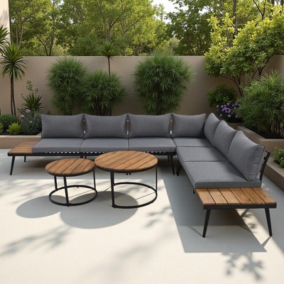 6-Piece Outdoor Patio Iron Modular Sectional Sofa Set with Nesting Coffee Tables and Side Storage Shelf
