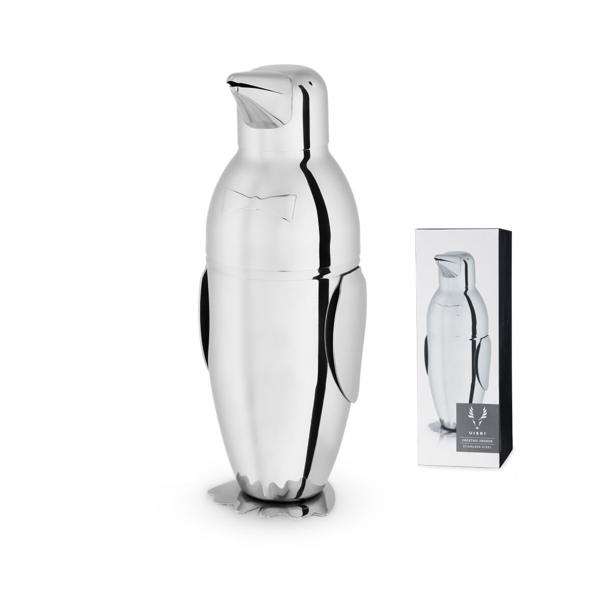 Viski Penguin Cocktail Shaker with Built-in Strainer & Jigger Cap, Stainless Steel Drink Shaker Bottle, Home Bar Essentials, Wedding Gifts, 17 oz