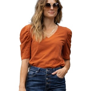 Amaryllis Women's V-Neck Puff Sleeve Tee with Gathered Shoulder Detail Relaxed Fit  Stretch Fabric - 1 of 4