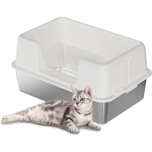 Stainless Steel Cat Litter Box with Lid, High Sided Tray with Scoop & Anti-Slip Mat, Easy Clean - 1 of 4