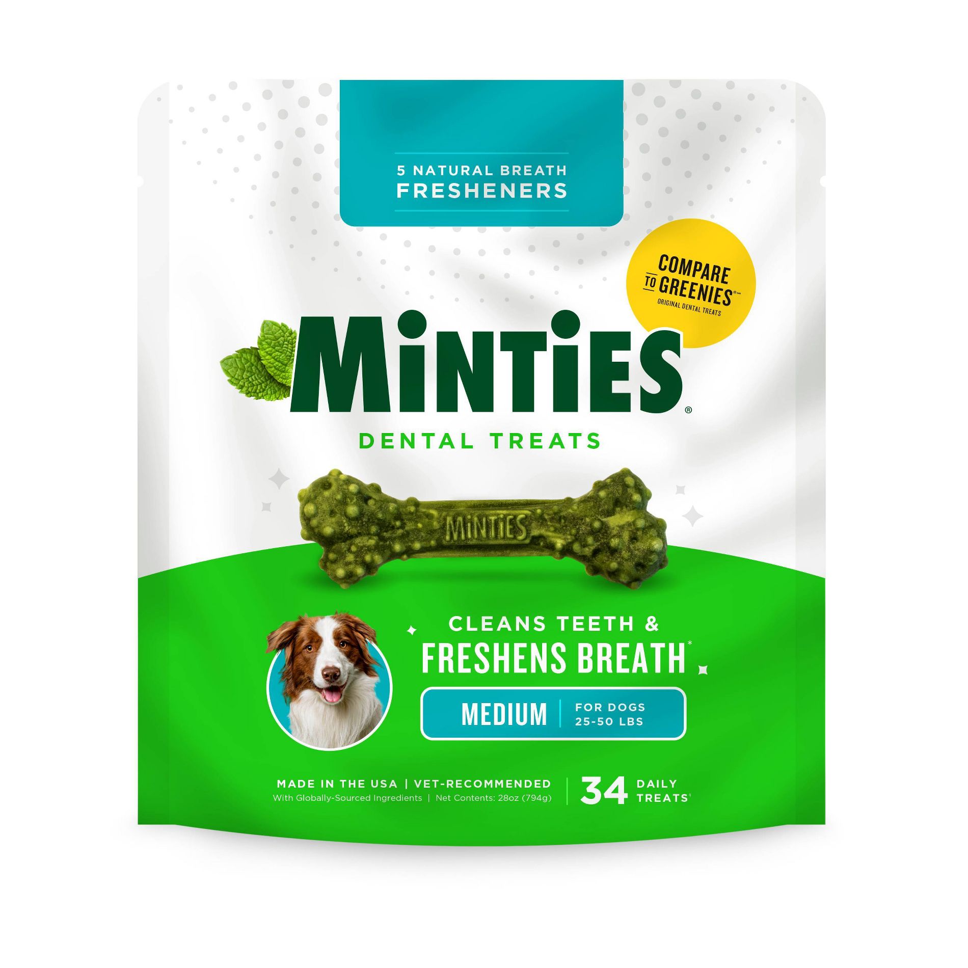 Minties Peppermint Flavor Dental and Hard Chews Dog Treat - Medium
