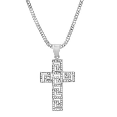 Steeltime 24" stainless steel and simulated diamonds cross pendant with greek key accents