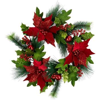 Northlight 24" Glittered Red Poinsettia and Long Pine Christmas Wreath, Unlit