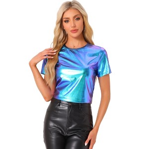Allegra K Women's Party Metallic Short Sleeve Textured Shiny T-shirts - 1 of 4
