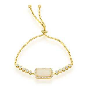 Opalata Sterling Silver Rectangle White Opal with CZ Border Adjustable Bolo Bracelet - Gold Plate - Gold - 10 Inch - 1 of 2