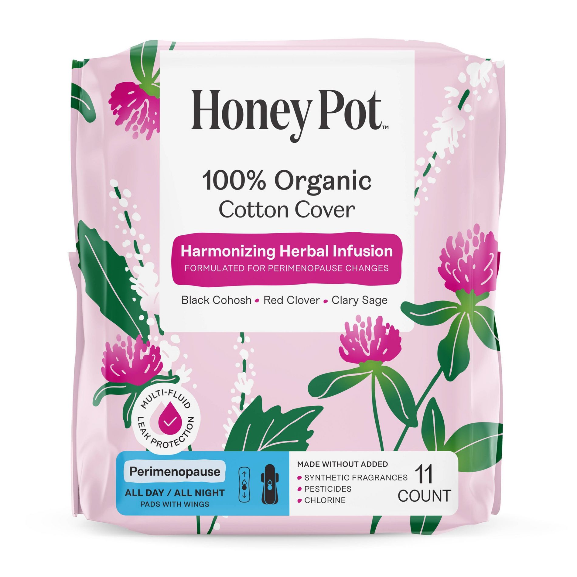 Honey Pot 100% Organic Cotton Cover Harmonizing Herbal Infusion Perimenopause Pads - 11ct