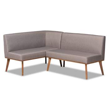 2pc Odessa Mid-Century Modern Fabric Upholstered Wood Dining Corner Sofa Bench Set Walnut/Brown/Gray - Baxton Studio
