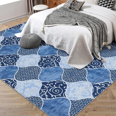 Geometric Trellis Area Rug,Modern Neutral Washable Rugs in Farmhouse Design,Non-Slip Low-Pile Indoor Carpet Blue