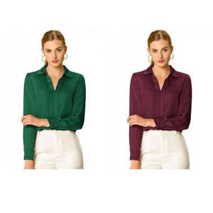 INSPIRE CHIC Women's Elegant V Neck Long Sleeve Office Work Satin Shirt 2 Packs - 1 of 4