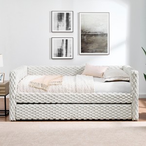 TiramisuBest Twin Upholstered Daybed with Trundle, Convertible Sofa Bed with Armrests, Striped Corduroy Fabric, Space-Saving Guest Bed, Beige - 1 of 4