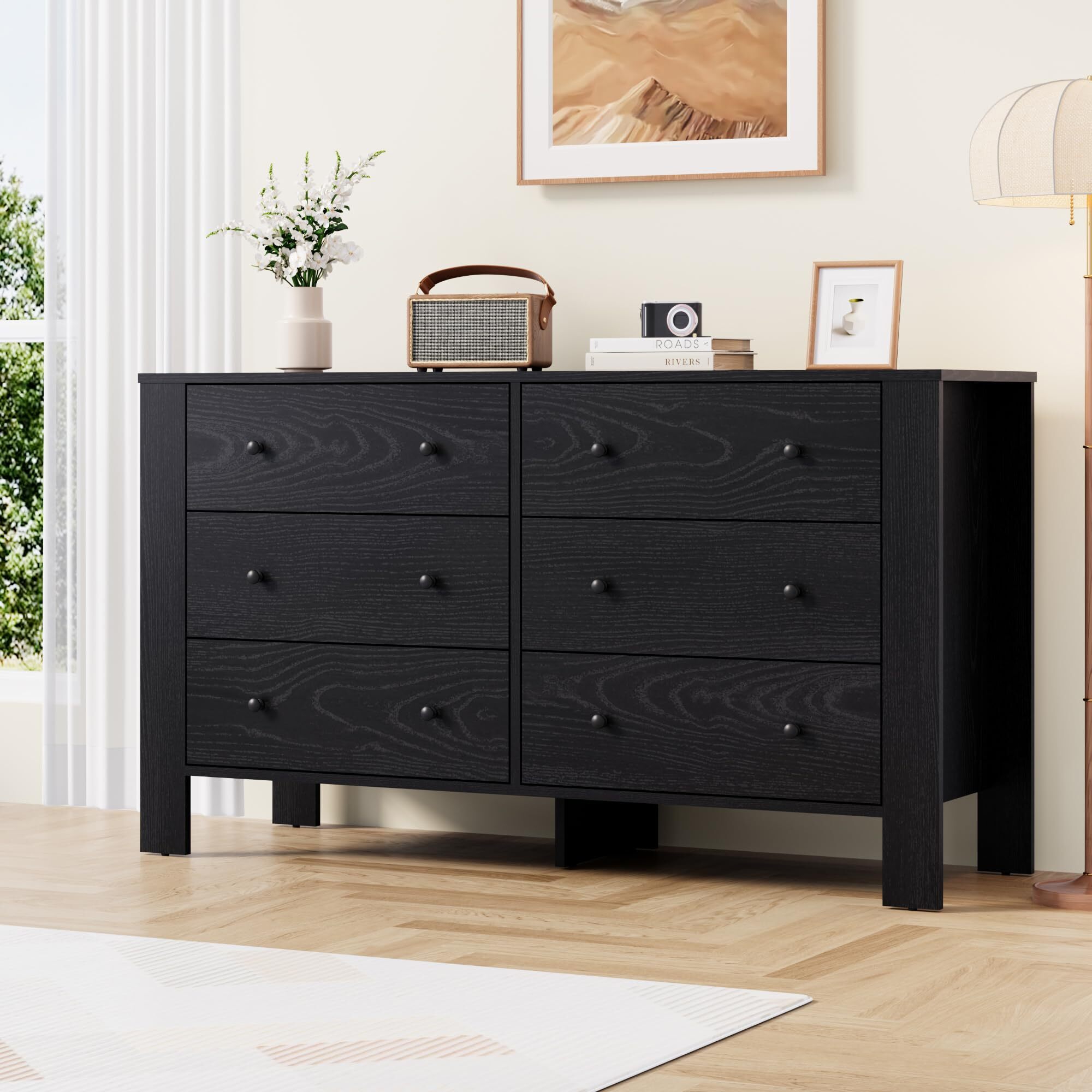Black 6 Drawer Dresser for Bedroom,Modern Double Dresser Organizer with Storage Drawers,Wooden Chests of Drawers for Bedroom,Entryway,Hallway