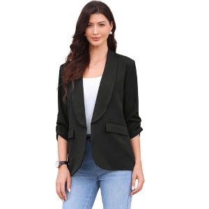 INSPIRE CHIC Women's Work Shawl Collar Ruched 3/4 Sleeves Open Front with Pockets Blazer - 1 of 4