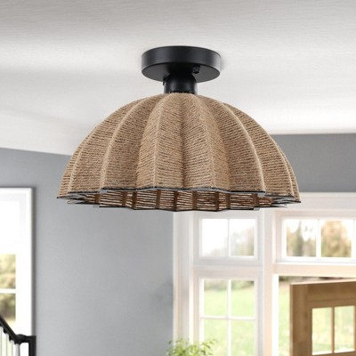 PAKOKULA 1-Light Rattan Dome Semi-Flush Mount Ceiling Light, Dimmable, Farmhouse and Modern Industrial Lighting